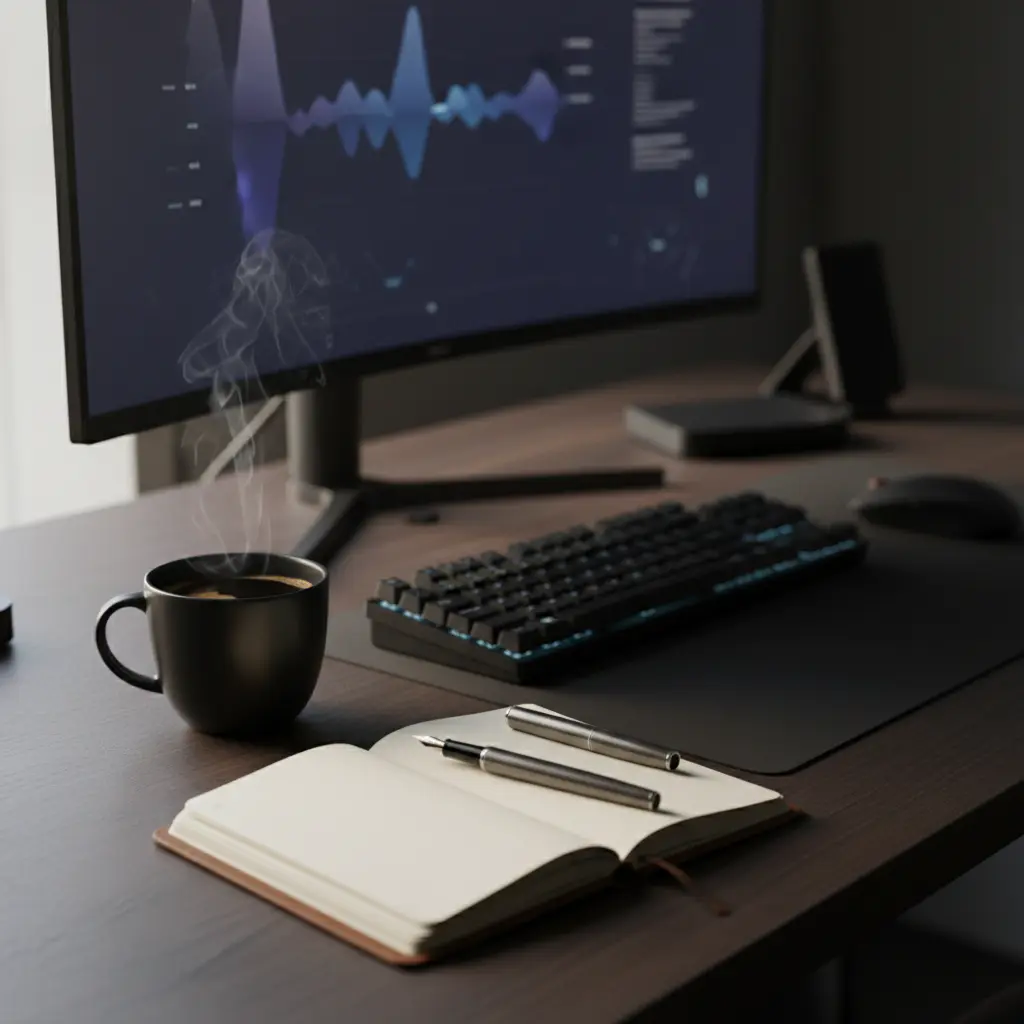 Coffee and notebook next to keyboard
