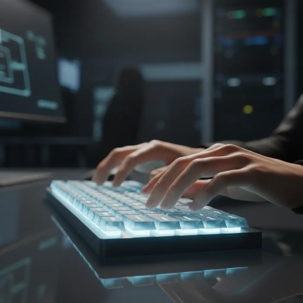 Hands typing on backlit keyboard